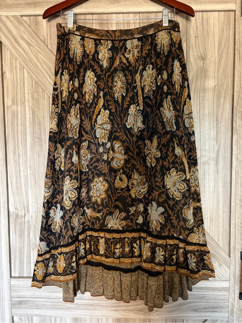 Peruvian Connection Floral Tapestry Jacquard Knit Midi Skirt M Ruffle Hem